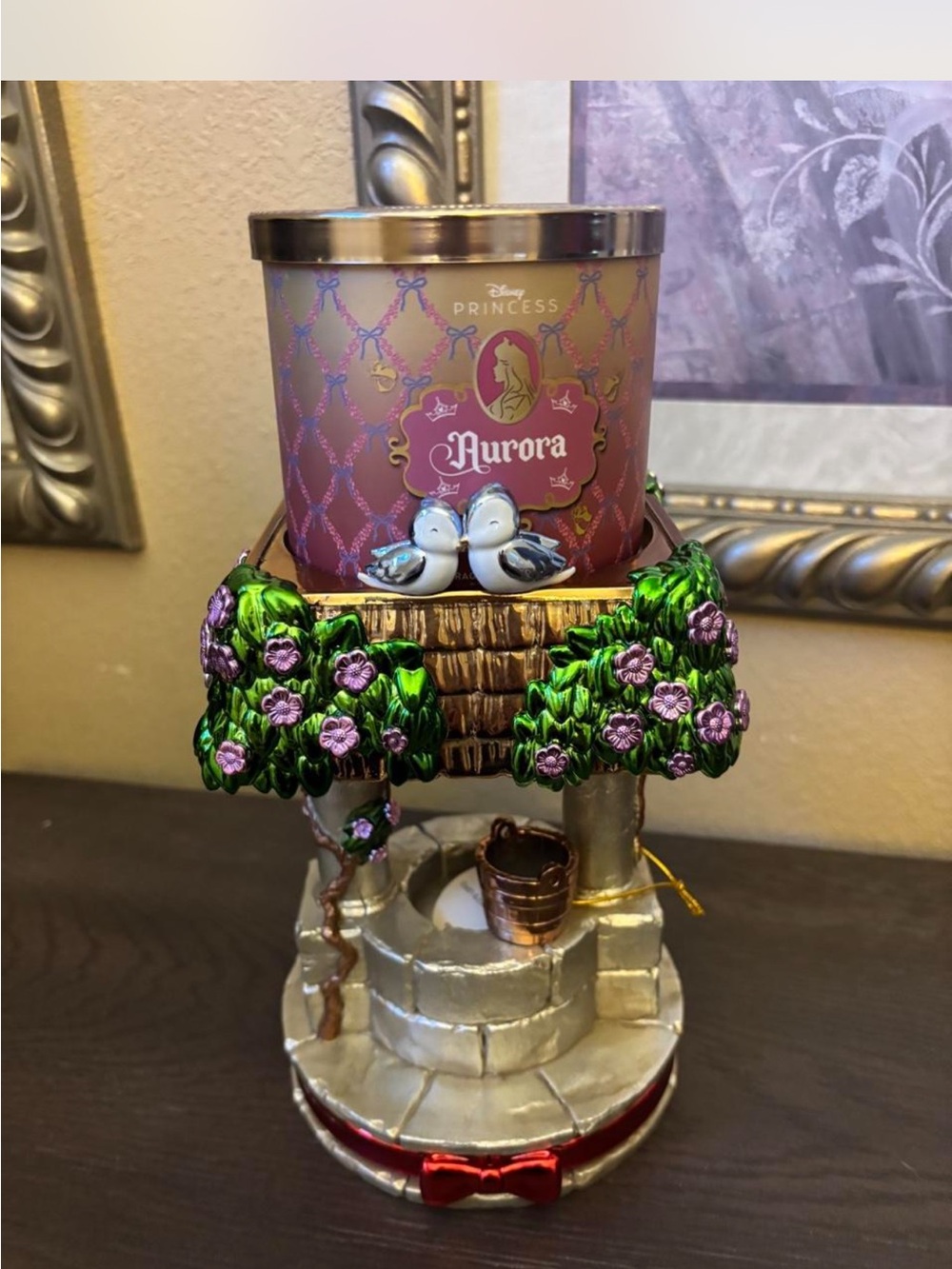 Disney Aurora Pink Candle with Decorative Green & Purple Well Holder